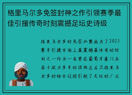 格里马尔多免签封神之作引领赛季最佳引援传奇时刻震撼足坛史诗级 格里马尔多免签封神之作引领赛季最佳引援传奇时刻震撼足坛史诗级